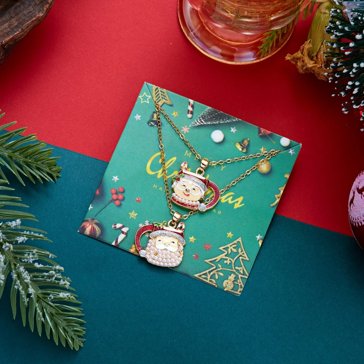 Weihnachts-Kletter-Santa-Weihnachtsmann-Geschenkbox-Anhänger-Halskette für Damen und Herren, Emaille-Santa-Weihnachtsmann-Teeservice-Choker, Neujahrsgeschenk-Schmuck – Detail 14