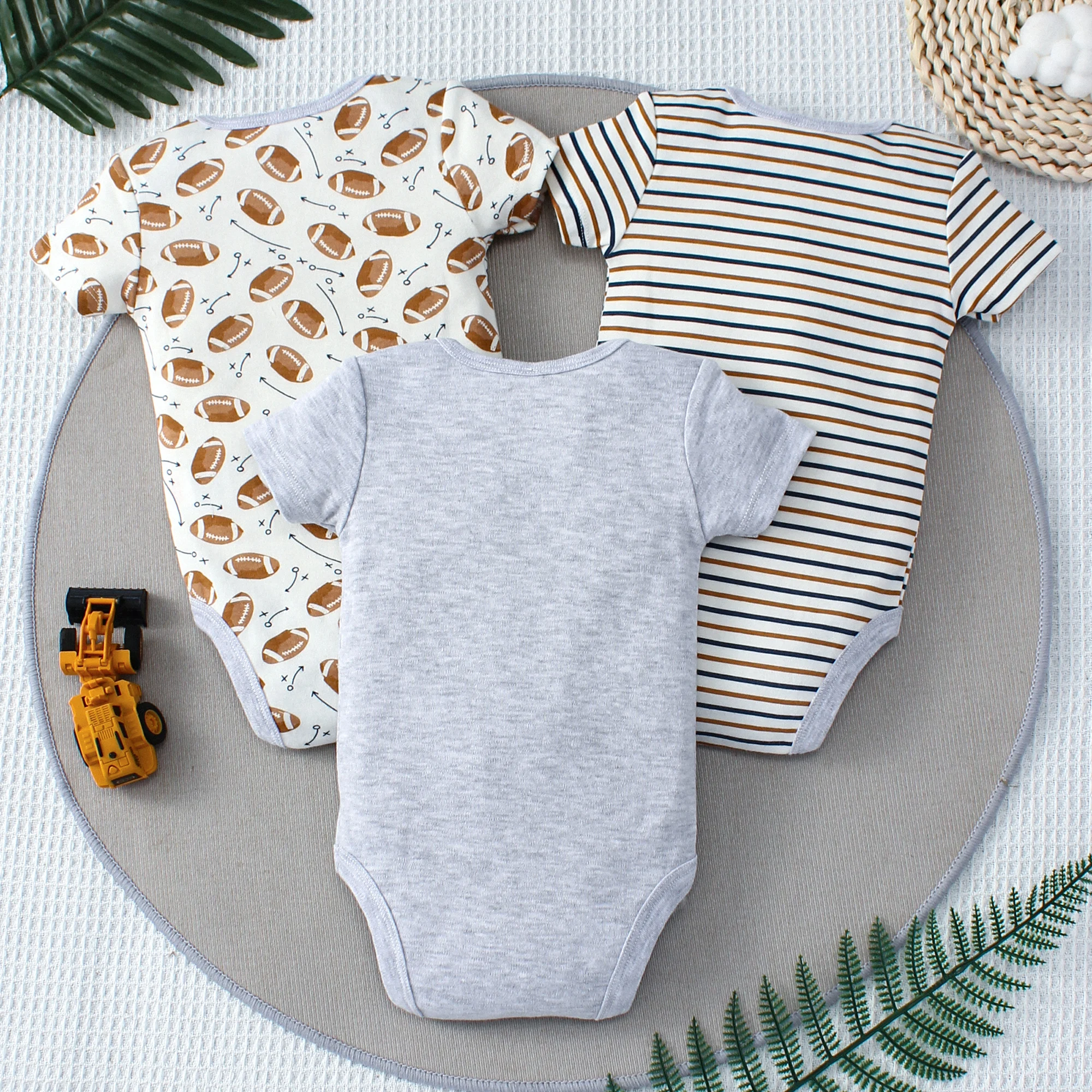 3PCS Summer Boys Three Piece Bodysuit Cartoon Rugby and Stripe Pattern Button Design Short Sleeve Triangle Bodysuit Newborn Gift