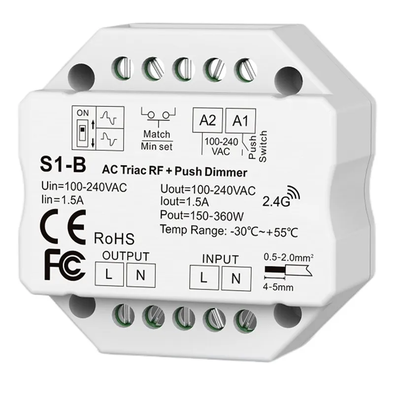 ZIGBEE WiFi & RF Push AC Triac Dimmer Tuya APP Switch 2.4G LED Controller S1-B/S1-B(WT)/S1-B(WZ) For Single Color LED Lamp Strip