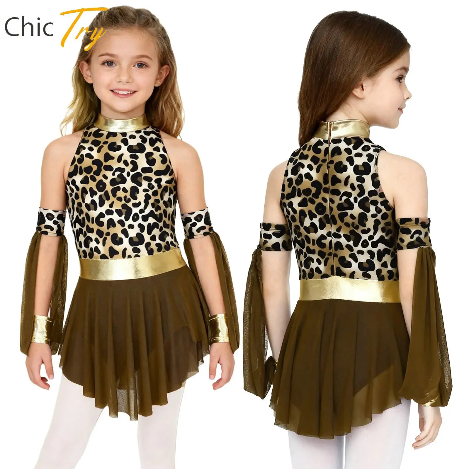 

Girls Prehistoric Cave Cosplay Costume Leopard Print Metallic Gloss Sleeveless Dress+Matched Oversleeves Set for Halloween Party
