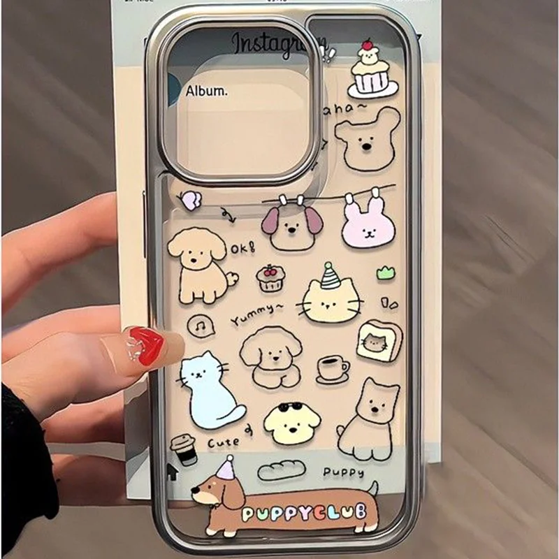 

Чехол для телефона для iPhone 16, 15, 14, 13, 12, 11, 8 7 X XS XR Pro Max Plus, новый прозрачный защитный чехол INS с мультяшным принтом кошки и собаки