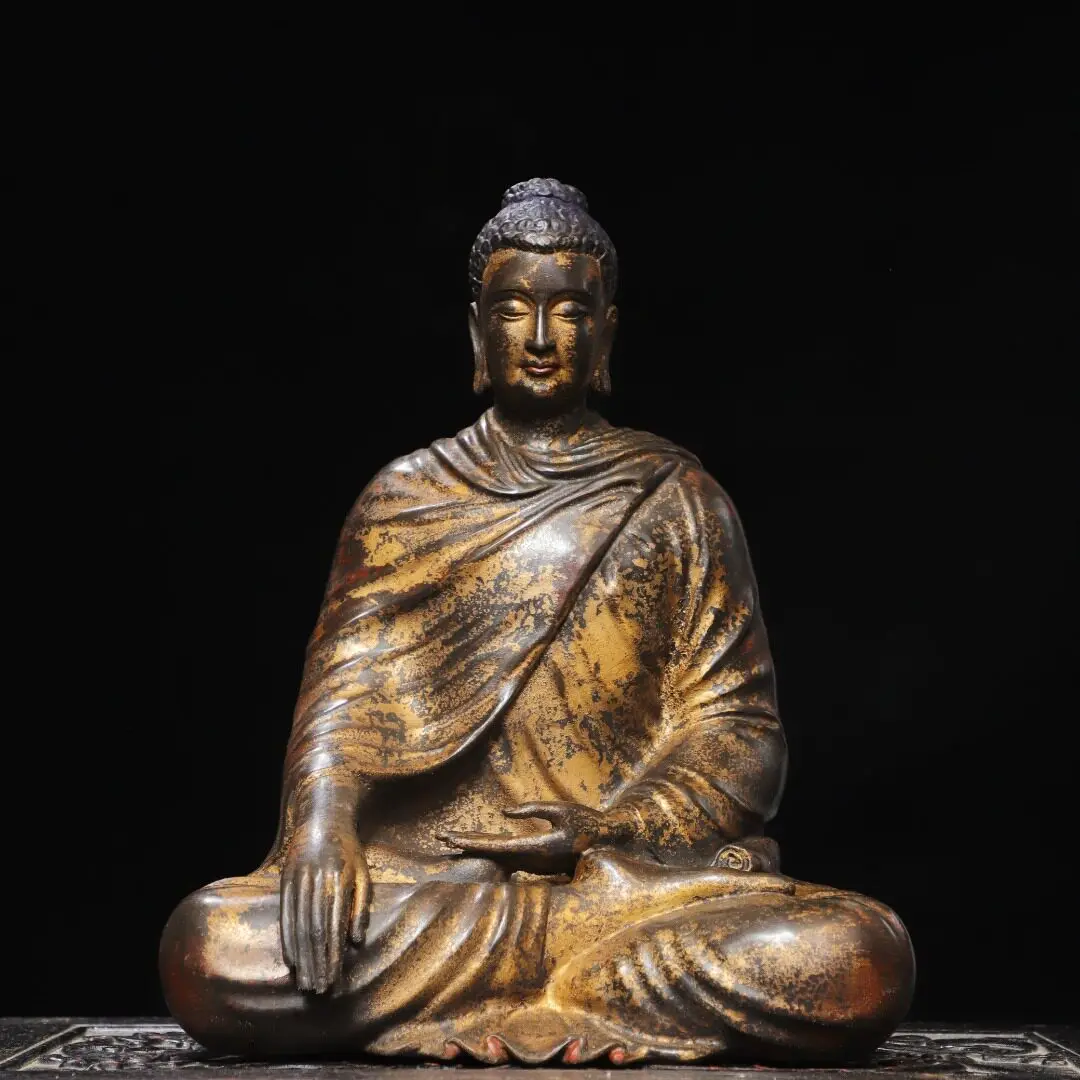 Tibetan Handmade Pure Copper Antique Amitabha Shakyamuni Buddha Statue Home Altar Desk Ornament