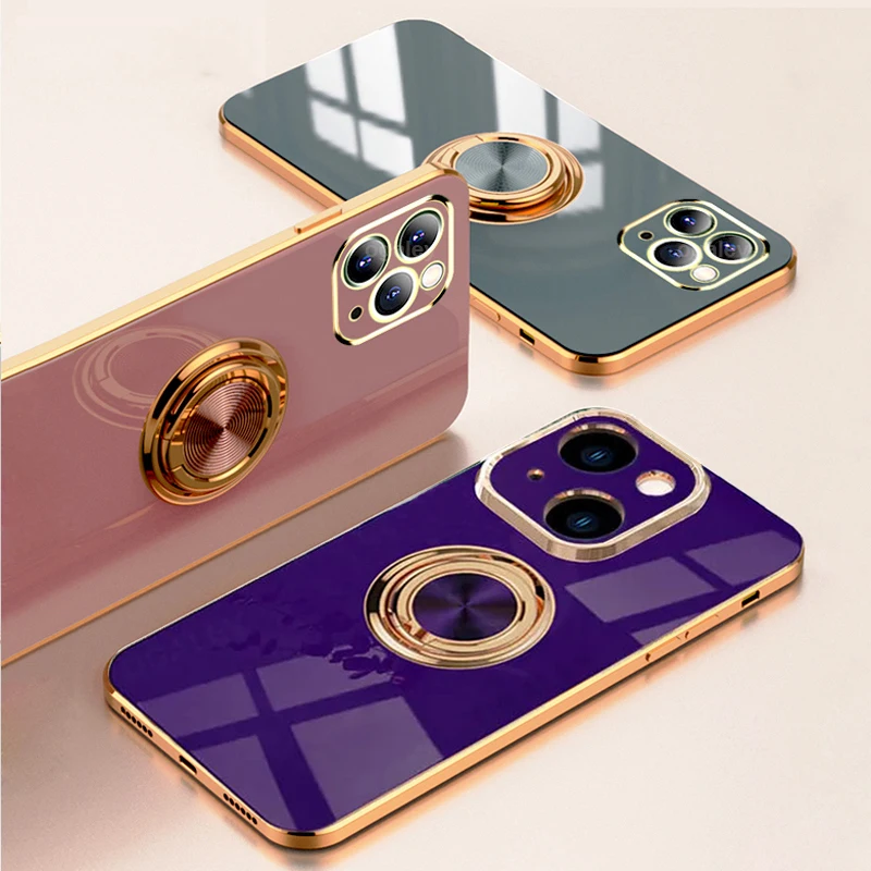 Luxury Silicone Ring Holder Phone Case For iPhone 11 12 13 14 15 Pro Max Mini X XR 8 Plus With Rotate Kickstand Shockproof Cover