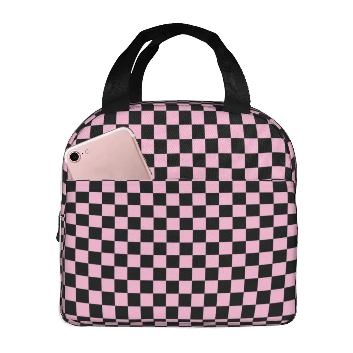 Black And Cotton Candy Pink Checkerboard Plaid Lunch Bag Women Cooler Warm Insulated Lunch Box for Office