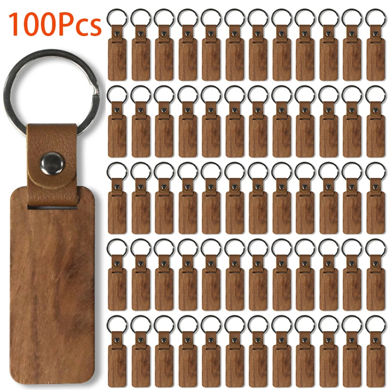 100Pcs Blank Wood Keychains PU Leather Keychain Rectangular Wood Key Chain