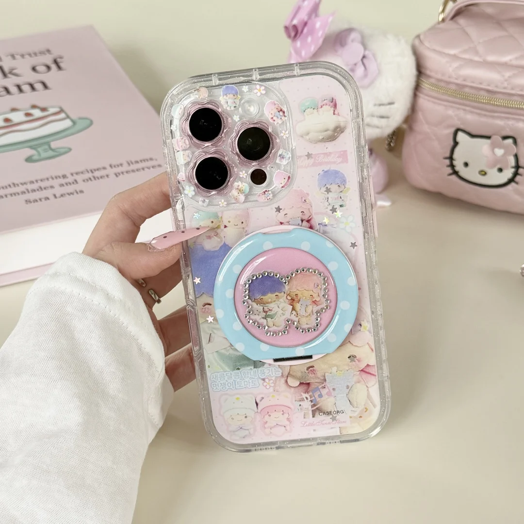 

Cute My Melody Little Twin Stars with Magnetic Bracket Phone Case For iPhone 16 Pro 13 14 15 Pro Max Stylish lens Protect Cover