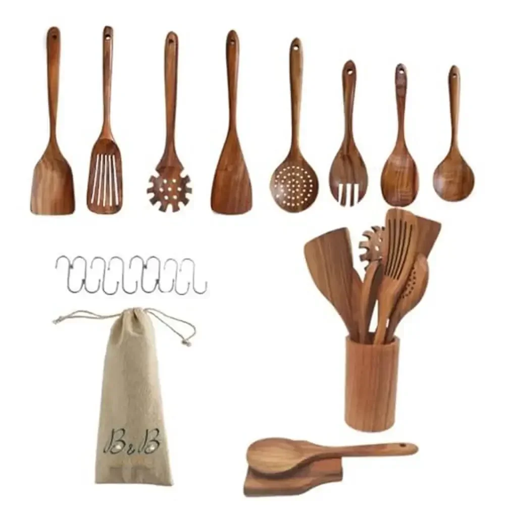 

19 PCS Natural Teak Wooden Utensils Set with Holder Hooks and Spoon Rest Non Stick Non Scratch High Heat Resistant Complete