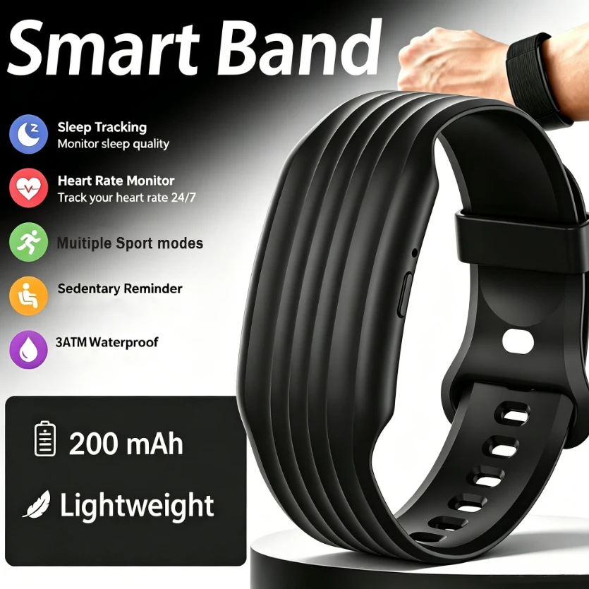 Screenless Smart Bracelet 3ATM Waterproof Sport Fitness Tracker Heart Rate Blood Oxygen Sleep Monitor Women Health Lightweight