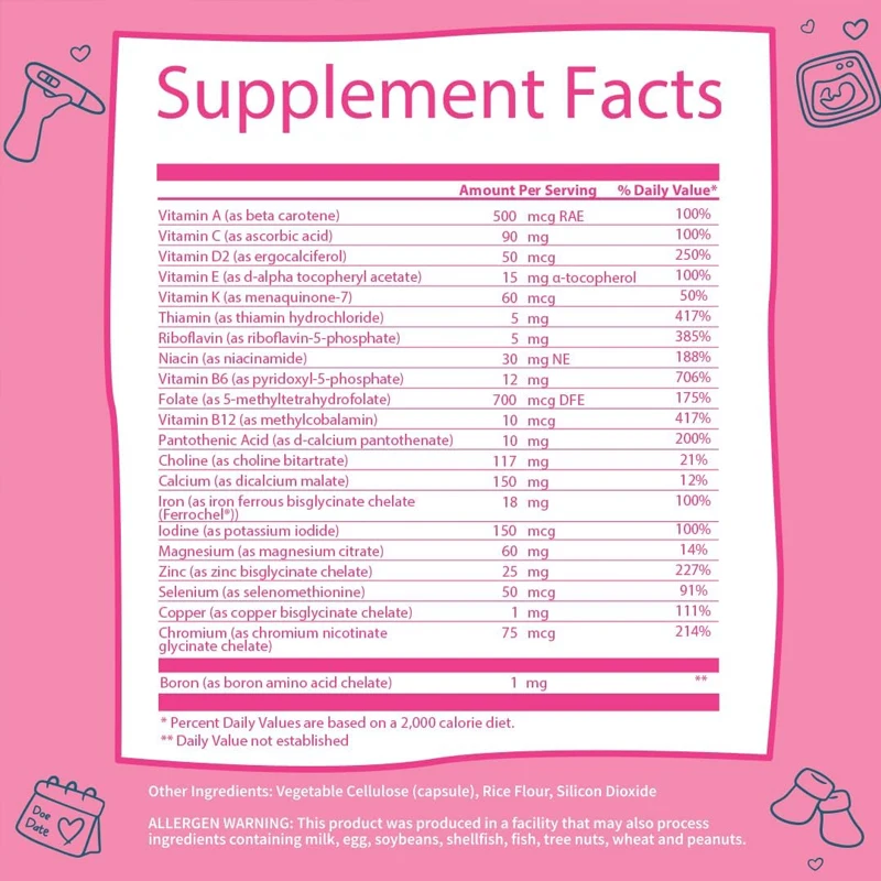 Vitaminas prenatales para embarazadas. |   No OGM que contiene hierro, calcio, vitamina D2, C, zinc y folato para mujeres embarazadas