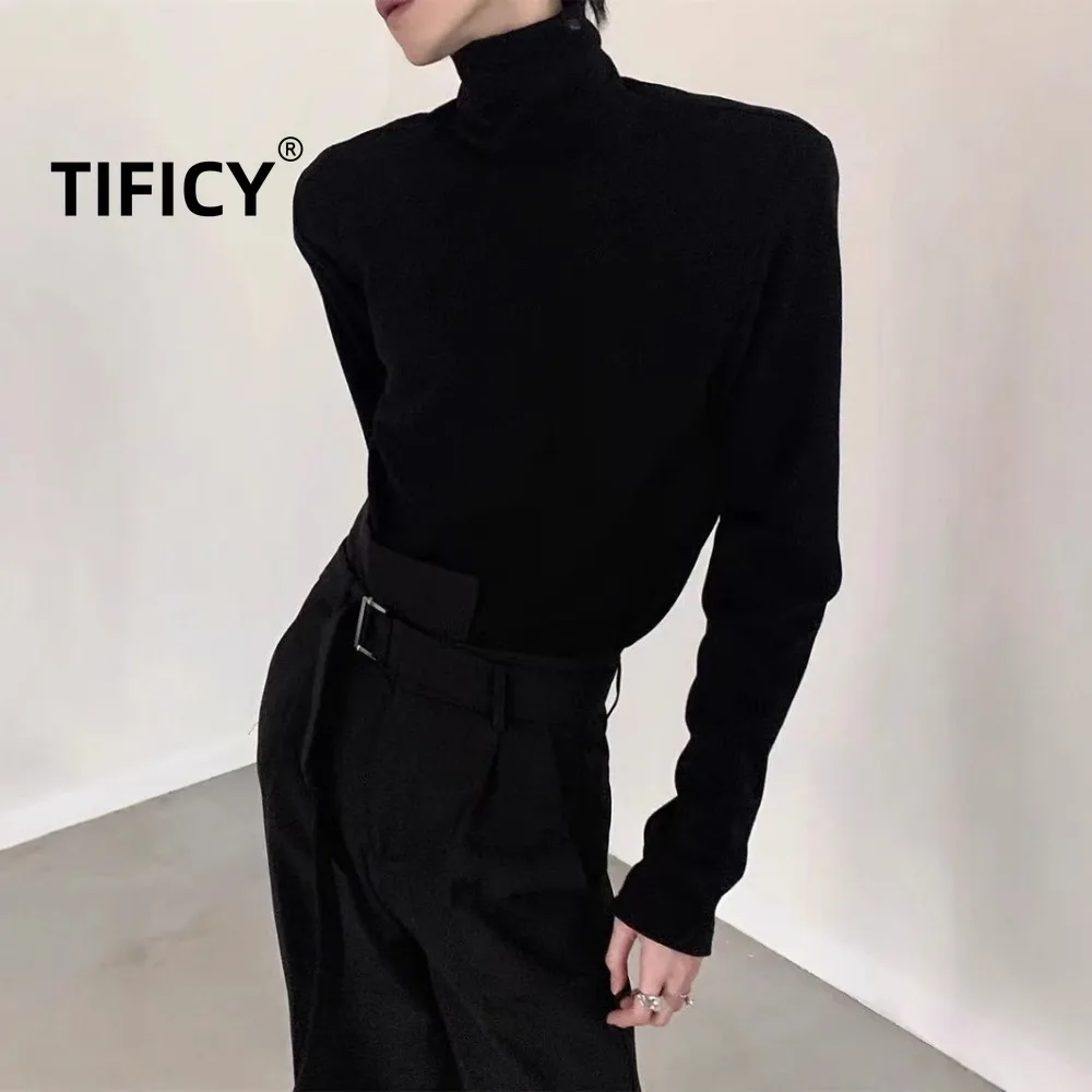 

High Neck Base Tees Shirt Men Winter Black with A High-end Interior Long Sleeved T-shirt Tops