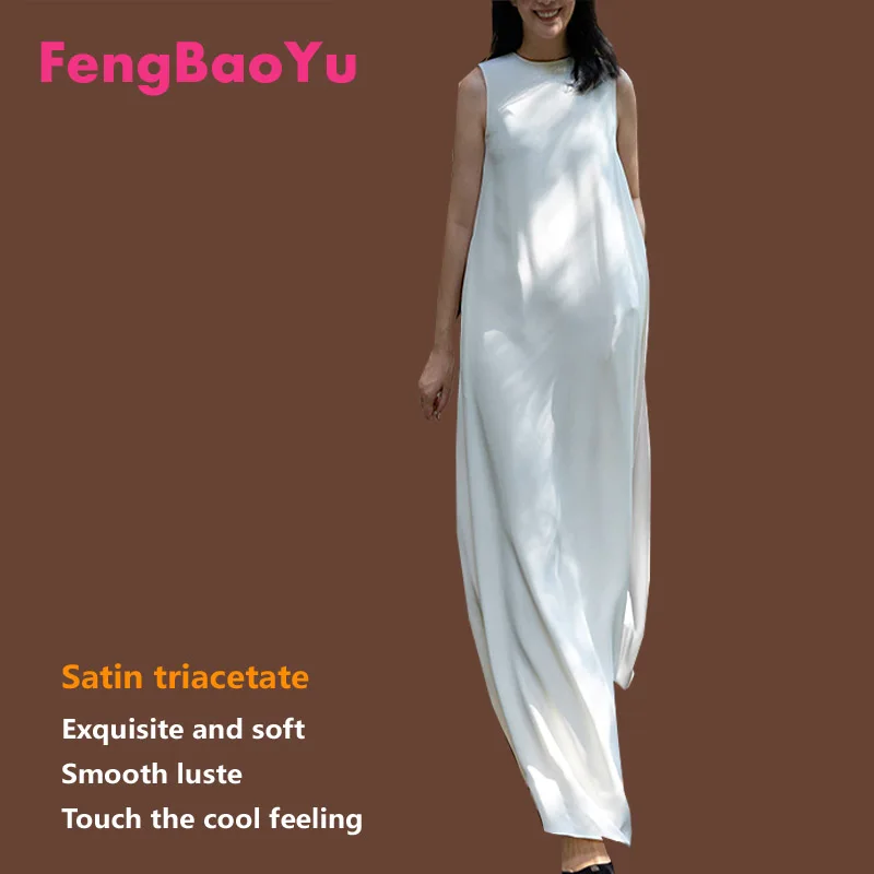 Fengbaoyu Triacetic Acid Spring Summer Lady Round Collar A Word vest Dress Temperament Noble White Large Size 5XL Free Shipping