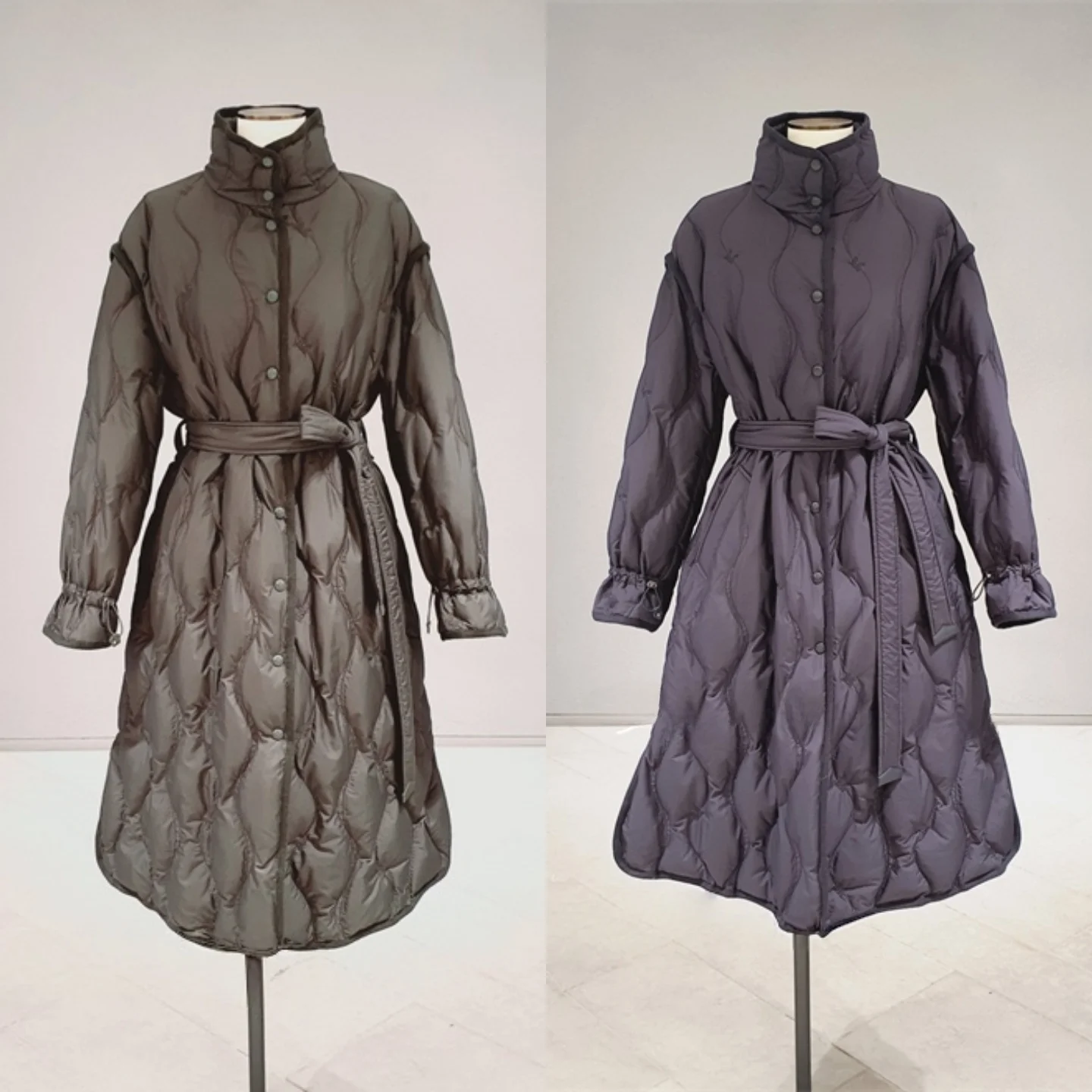 

Сверхлегкое корейское пальто с воротником-стойкой на гусином пуху, универсальное длинное женское пальто Jaet, однотонный дизайн на пуговицах