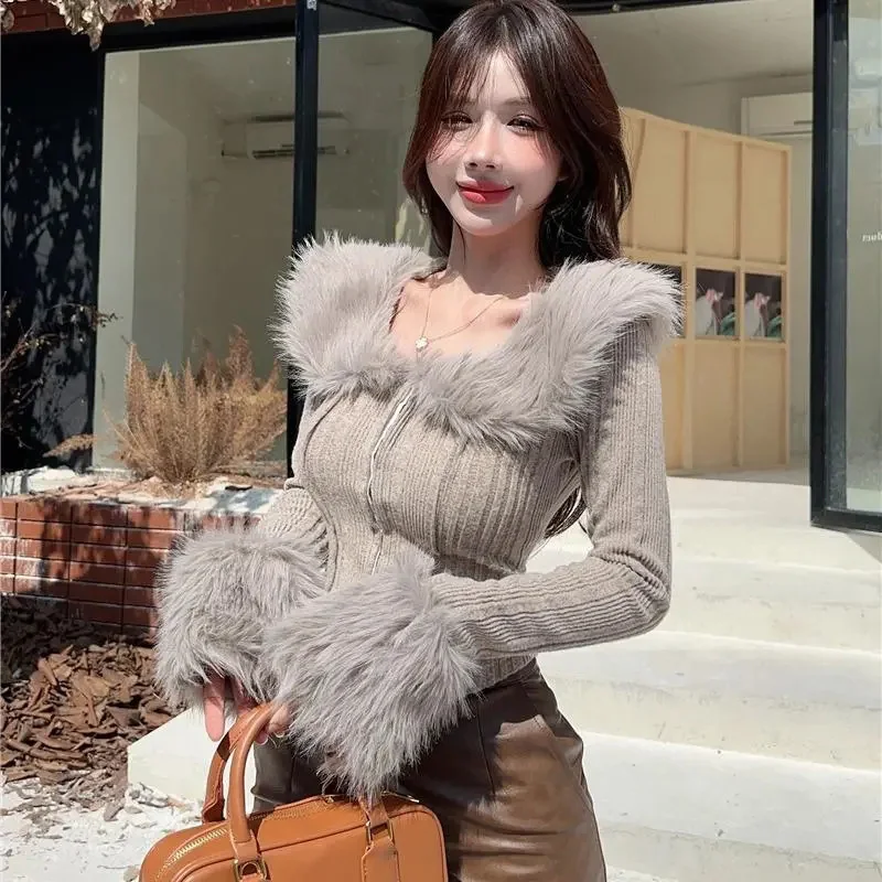 Hair Collar Knitted Cardigan Women Solid Elegant Simple Fluffy Spring Fall Sweater Skinny Chic Sexy Cropped Lady Tops