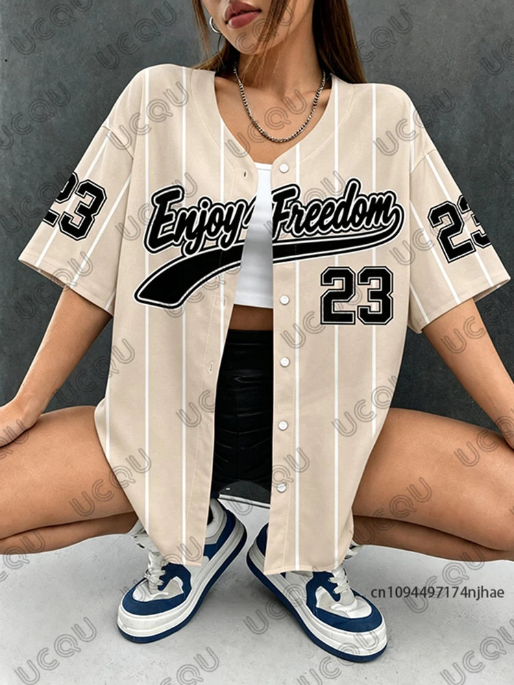2026 Sommer Neu Retro Schwarz Enjoy Freedom 23 Print Bluse Damen Streetwear Baseball-Shirt Hip Hop Kurzarm Button-Up Oberteil – Detail 9