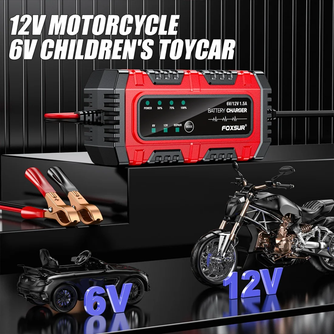 FOXSUR FBC061215E 1.5A 6V 12V Car Battery Trickle Charger and Maintainer Truck Trickle Battery Charger for Motorcycle
