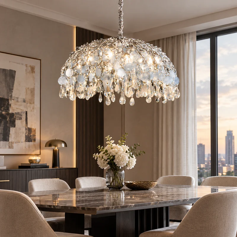 Vintage Luxury Branch Chandelier with K9 Crystal and Blue Shell for Dining Room Villa Foyer French Silver Round Pendant Light