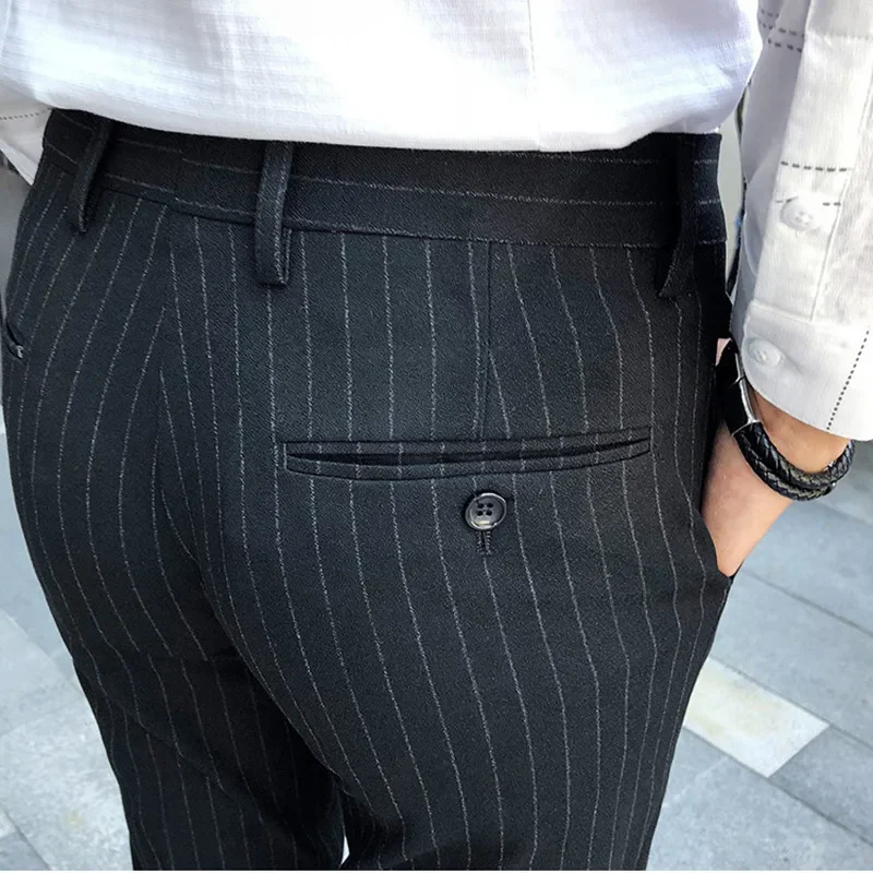 ( Jacket + Pants ) High-end Fashion Striped Men\'s Formal Double-breasted Business Suit Groom Wedding Dress Mens Suit 2 Piece Set