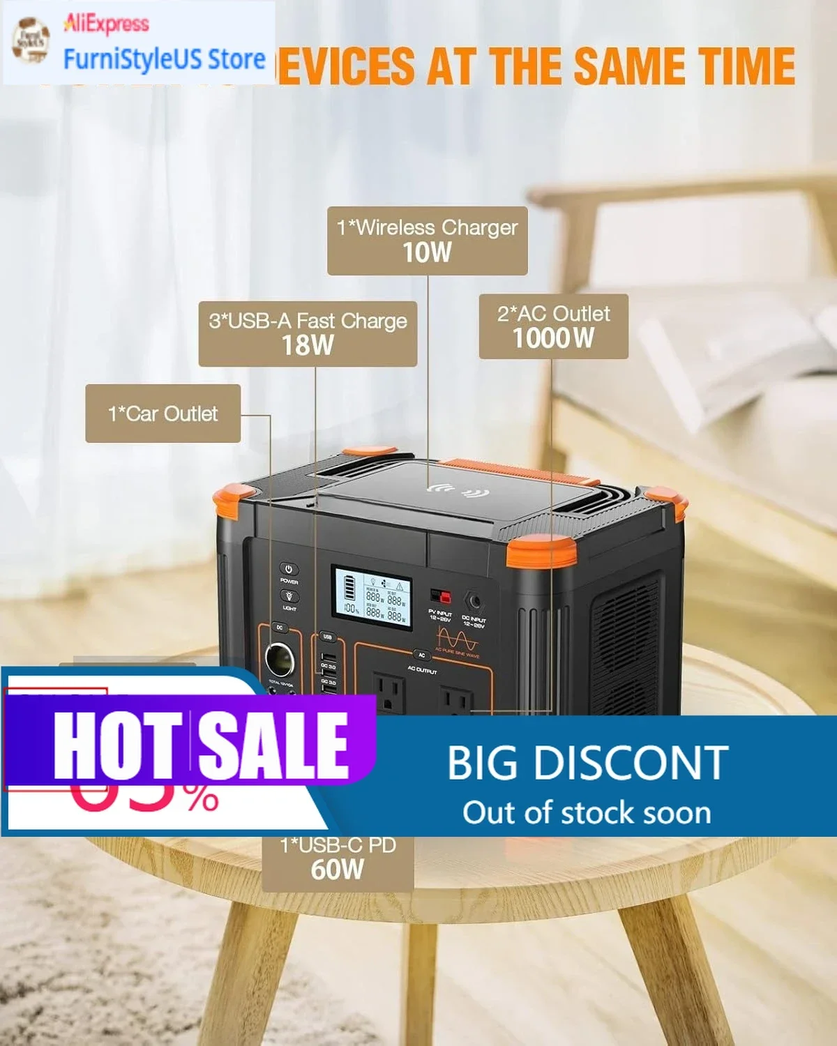 

Домашний аварийный генератор 999 Вт·ч на солнечной энергии с розеткой переменного тока 110 В, быстрой зарядкой PD 60 Вт и резервным литиевым аккумулятором