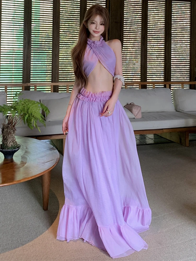 

Пляжный комплект из двух предметов: сексуальный асимметричный топ с открытыми плечами и свободные шифоновые брюки для женщин