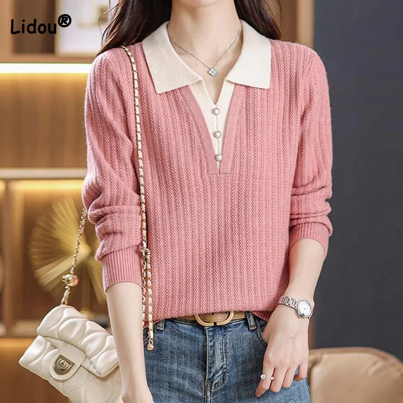 Autumn Winter Fashion Polo-Neck Knitted Pullovers Women\'s Clothing Elegant Simplicity Solid Fake Two Pieces Sweaters for Female