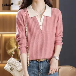 Autumn Winter Fashion Polo-Neck Knitted Pullovers Women's Clothing Elegant Simplicity Solid Fake Two Pieces Sweaters for Female