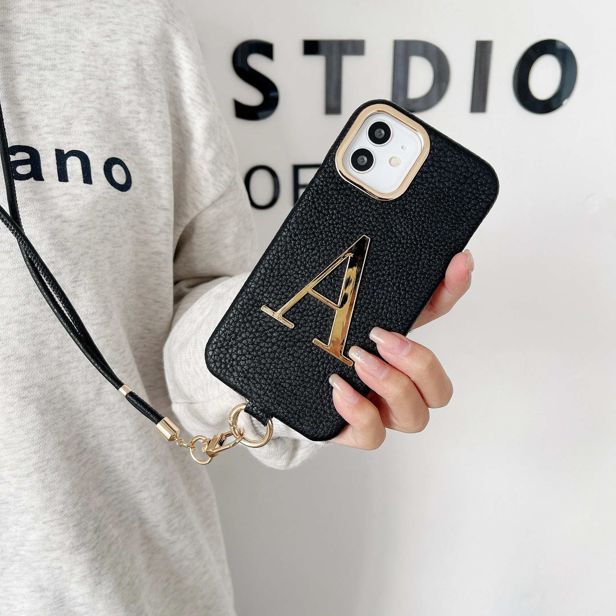 

Premium Luxury Leather Gold Letter Custom Initial Lanyard Phone Case For iPhone16 11 12 13 14 15Pro Max Protective Phone Cover