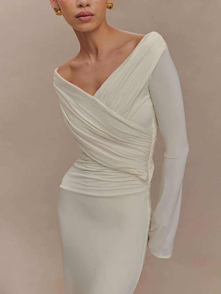 فستان ماكسي مثير للخريف بياقة على شكل V وأكمام طويلة من Mozision للنساء، فساتين طويلة أنيقة بخصر عالٍ مكشكشة #4