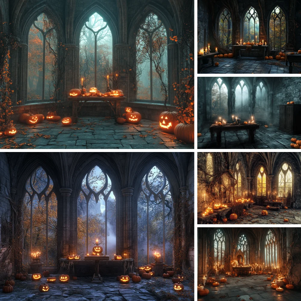 Halloween Gothic Hall Backdrop Tall Pointed Arch Windows Glowing Jack-O-Lantern Vintage Candles Stone Tile Floor Background