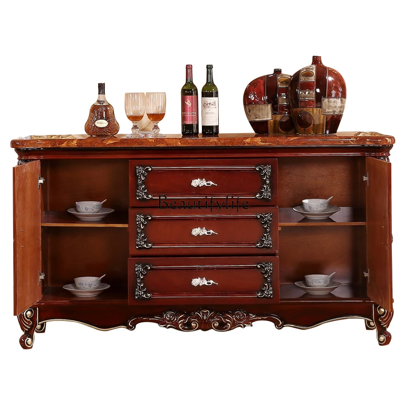 

European and American Marble Sideboard Luxury Solid Wood Carved Red Brown New American Style Wine Cabinet
