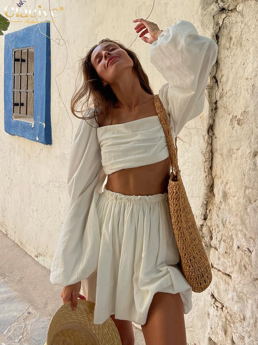 Clacive Sexy Beige Leinen Frauen Zwei Stück Outfits 2023 Mode Puff Hülse Crop Shirts Mit Hohe Wasit Mini Rock Sets weibliche