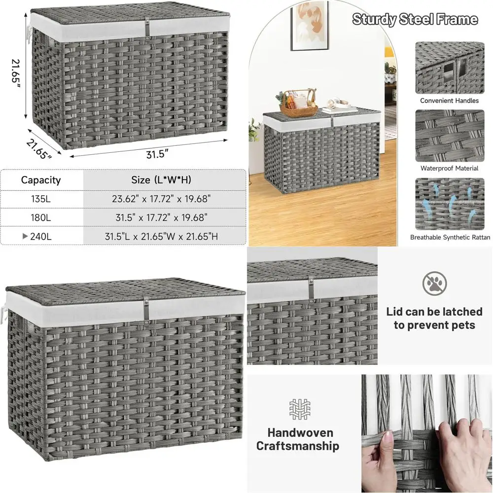 

Большая корзина для хранения из ротанга объемом 240 л с крышкой и съемной подкладкой, идеально подходящая для одеял и сумок, серая