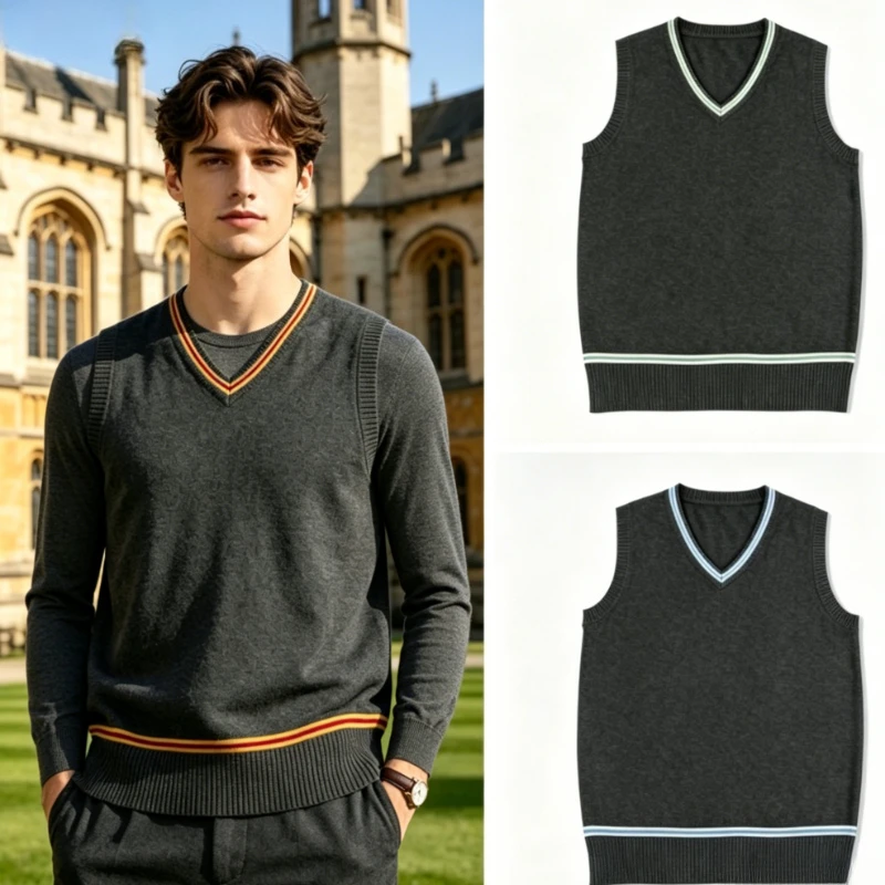 V-neck Academy Style Knitted Pullover Vest, Unisex Preppy JK Fashion Top Suitable For Daily Casual Student Outfit Wear