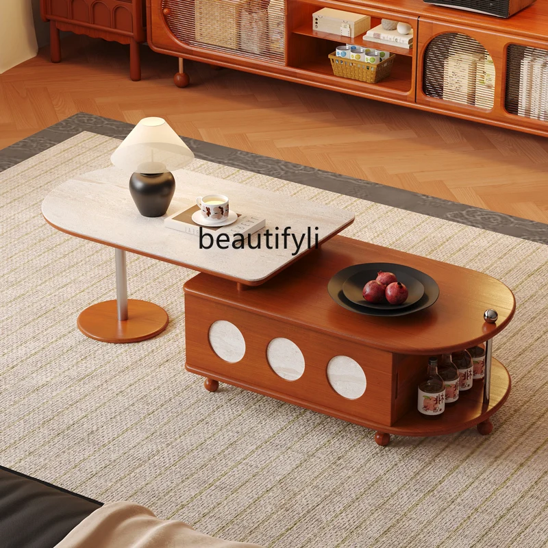 

Medieval solid wood retractable coffee table simple living room household rock slab tea table