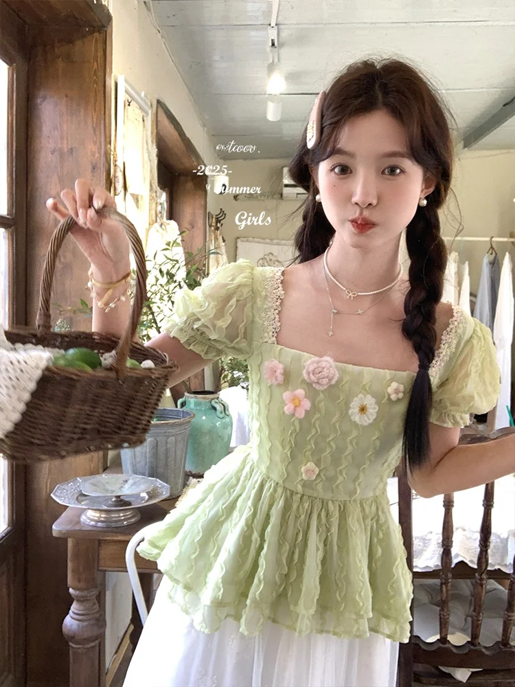 

Acaine ort Sweet Sle Women's T-irt Square Collar In-Waist Design Bubble Sve Polyester Fabric Summer Top