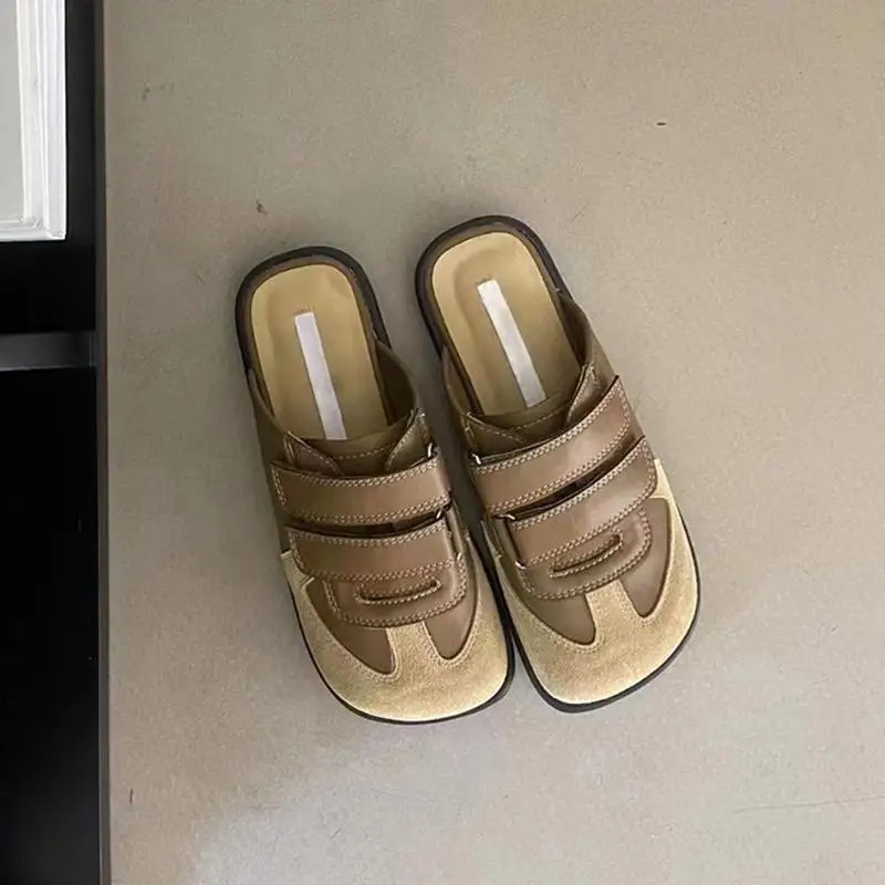 2025 Hot Selling Outerwear Ugly Cute Baotou Half Slippers Retro Color Blocked Square Head Flat Shoes Platform Shoes view 2