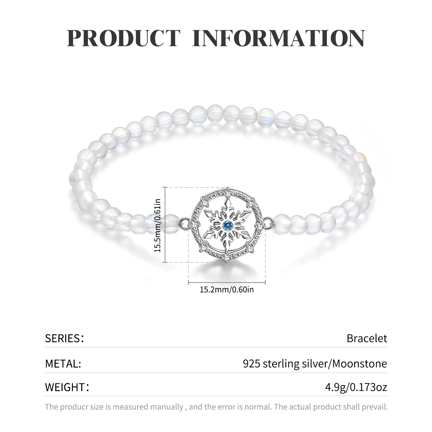 JIUHAO 925 Sterling Silver Snowflake Bead Natural Transparent Moonstone Elastic Bracelet Forever Love Women Fashion Bracelets