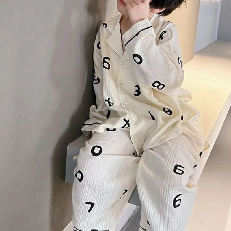 Kids Spring Autumn Pajamas Set Trendy Letter Print Long Sleeve Pants Homewear Internet Celebrity Style Premium Cotton Wear