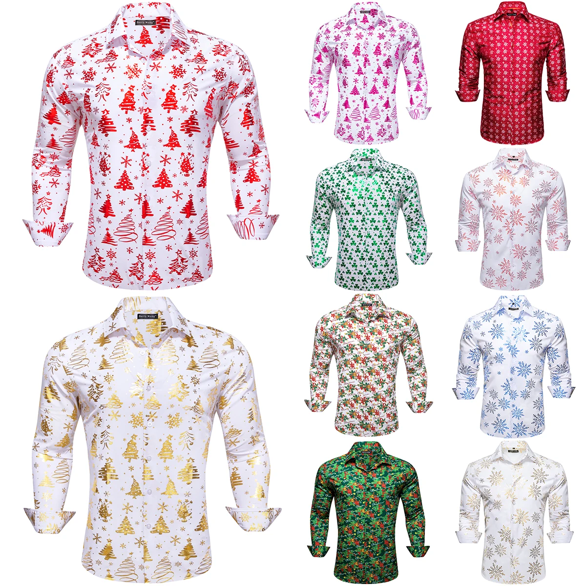 Designer Mens Shirts Silk Long Sleeve White Red Blue Green Christmas Trees Snowflake Jinggling Bell Festival Tops Barry Wang