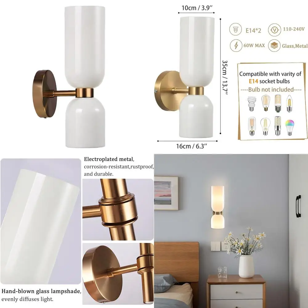 

Mid-Century 2-Light Gold Wall Sconce with Glass Shades, E14 Bulbs, Ideal for Bedroom, Bathroom, Living Room, and Hallway in Milk