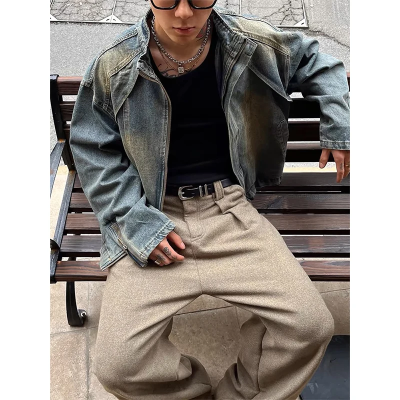 

American High Street Fashion Retro Coat Autumn Motorcycle Heavy Industry Stitching Washed Design Zipper Denim Jacket Men