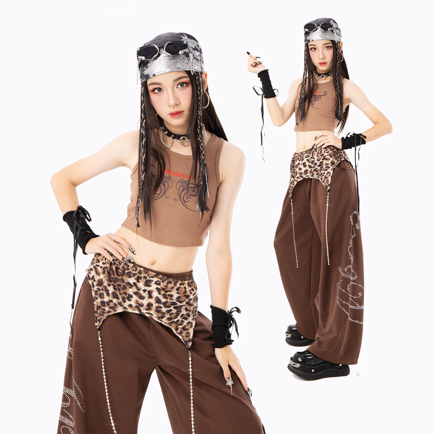 2026-夏ジャズダンスパフォーマンスレイブ服ガールズグループベストブラウンパンツ-kpop-衣装ヒップホップダンス衣装-dqs23993