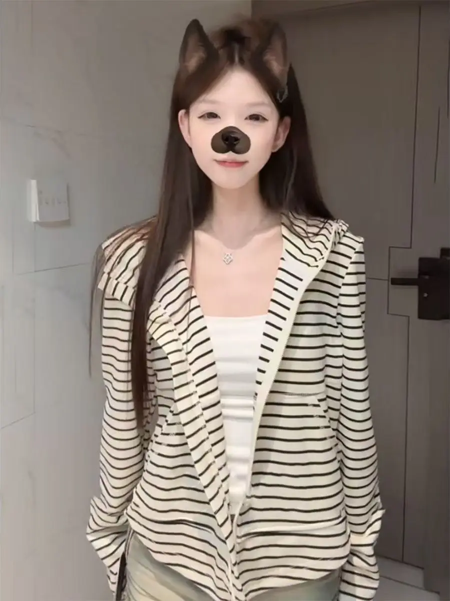 Sudadera con capucha holgada para mujer, ropa de abrigo larga a rayas, estilo coreano, sudadera informal holgada, capa exterior cómoda, invierno 2025