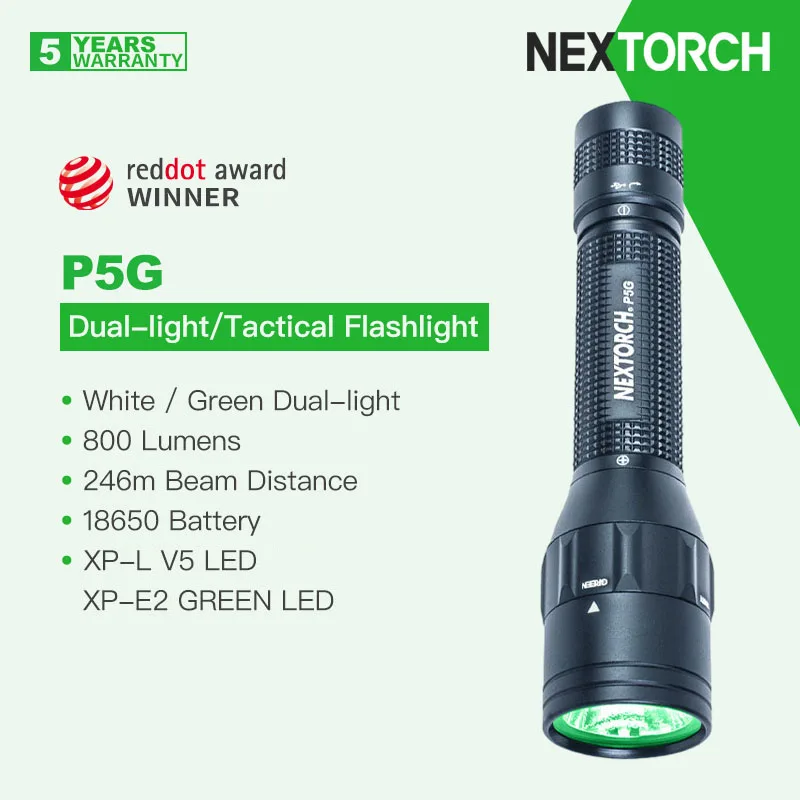 Nextorch P5G Rechargeable LED Tactical Flashlight, Proprietary White/Green Dual-light, 800 Lumens 18650 Battery, Dual Anti-shock