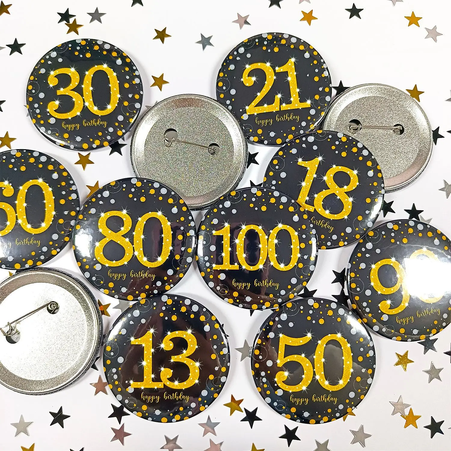 5 Stück Schwarz-Gold Nummern 18/21/30/40/50/60/70/80/90 Anstecknadeln aus Weißblech für Geburtstag, Jubiläum und Partydekoration – Detail 4