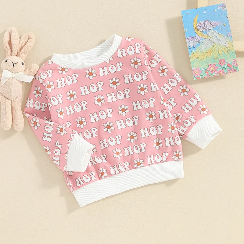 Baby Girls Easter Outfits Floral Print Sweatshirts Crew Neck Long Sleeve Pullovers Infant Spring Tops Toddler Letter Flower