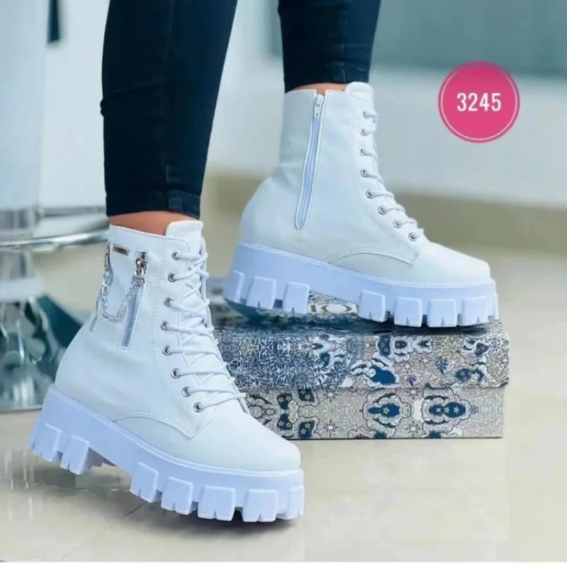 2023 Winter Trend Women\'s Boots Patent Leather Zipper Warm Punk Gothic Combat Boots Lace Up Sports Casual Thick Sole Biker Boots