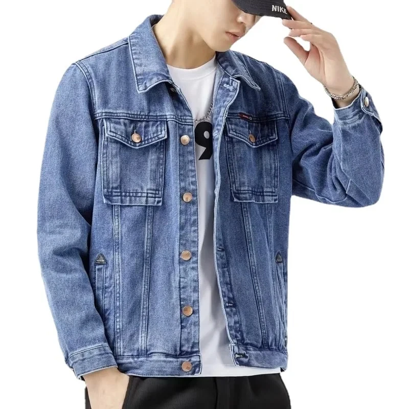 2024 New Spring Men Solid Lapel Denim Jackets Fashion Motorcycle Jeans Jackets Hommes Slim Fit Cotton Casual Black Blue Coats