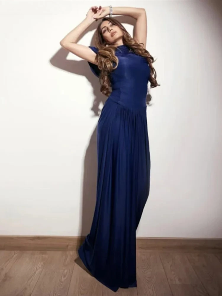 Elegant Shawl Long Dress Women's Sexy Asymmetrical Hip Package Light Blue Pleat Maxi Dresses  Spring New Lady Evening Gowns