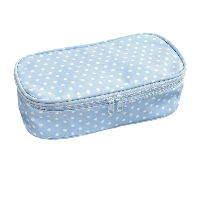 Einfaches blaues Polka-Dot-Federmäppchen mit großer Öffnung und großem Fassungsvermögen, Geschenk für Schreibwaren. – Detail 7