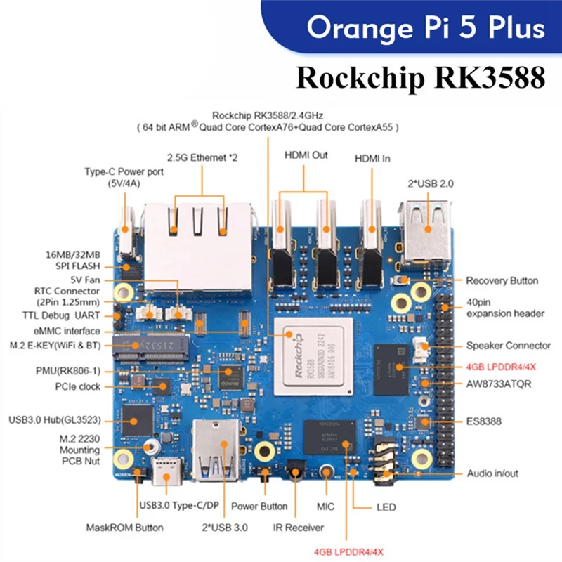 For 5 Plus 16GB RAM Single Board Computer RK3588 PCIE Module External Wifi6 Pi5 Plus Demo Development Board